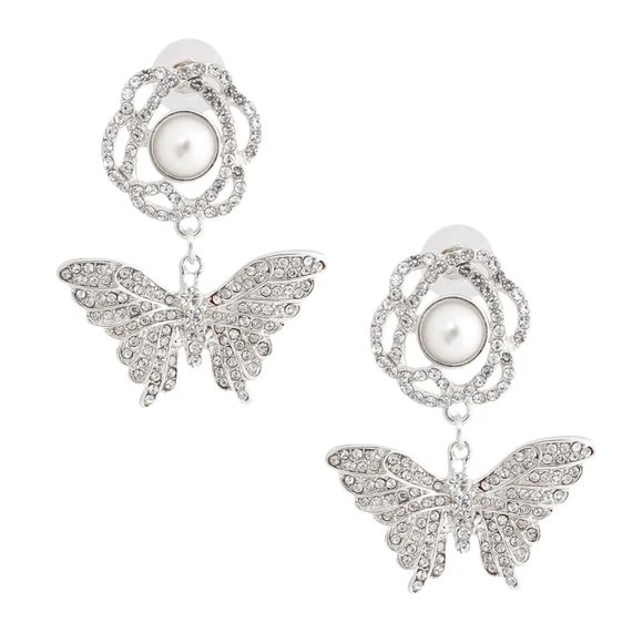 Silver Rose Butterfly Rhinestone Earrings - Picture 1 of 1